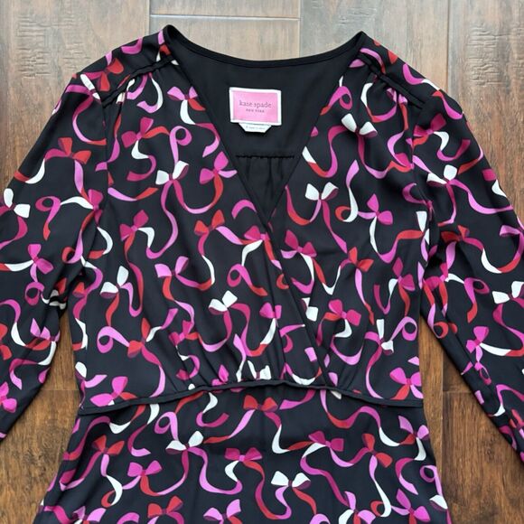 Kate Spade NY Dress Sz 6 Bow Print Ruffle Hem Black Pink Red Holiday Party - Picture 6 of 15